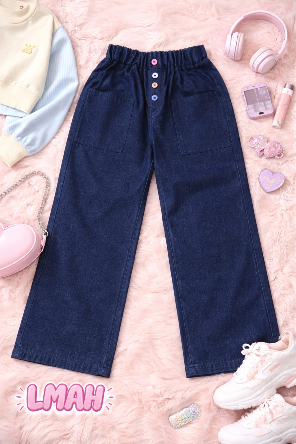 "Navy Blue Button-Front Wide Leg Pants for Kids"