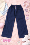 "Navy Blue Button-Front Wide Leg Pants for Kids"