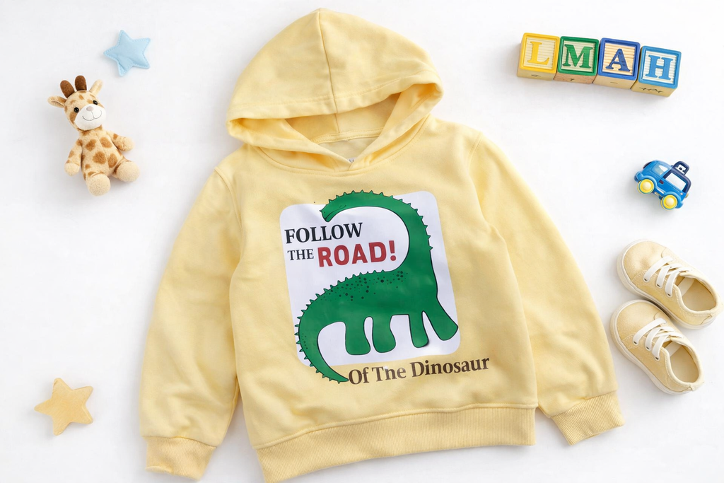 Yellow Dinosaur Hoodie - 'Follow The Road' Kids Sweatshirt