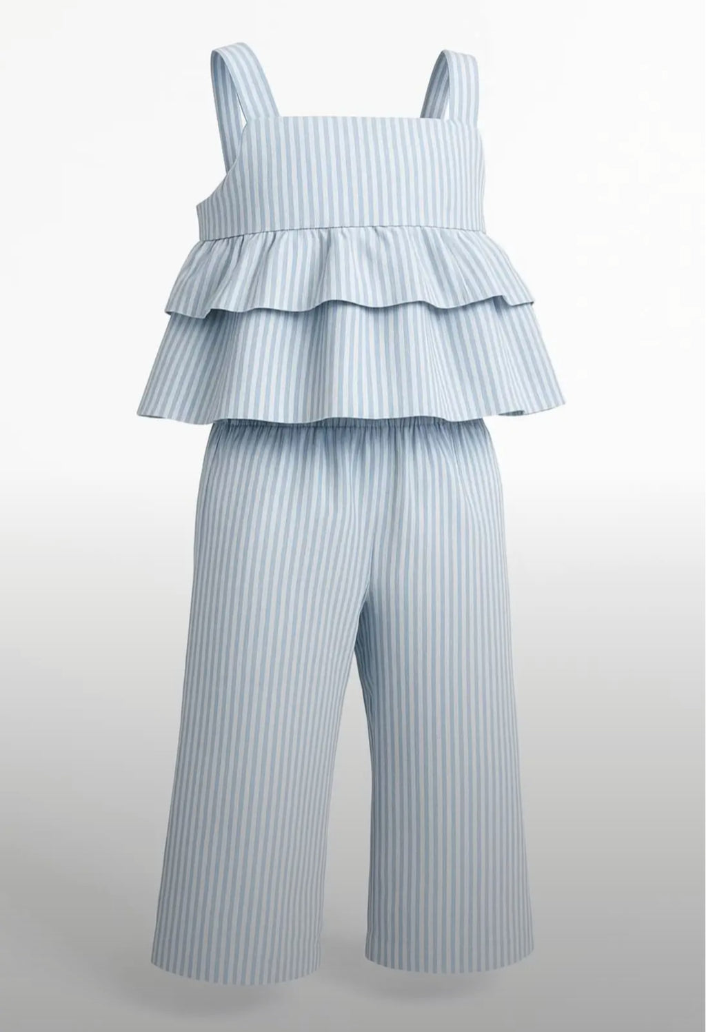 Elladie kids Girls Toddler Chic Blue & White Striped Bow Decor Pleated Sleeveless Top Paired With Loose Straight Leg Pants Set, Casual Spring/Summer Outfit