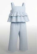 Elladie kids Girls Toddler Chic Blue & White Striped Bow Decor Pleated Sleeveless Top Paired With Loose Straight Leg Pants Set, Casual Spring/Summer Outfit
