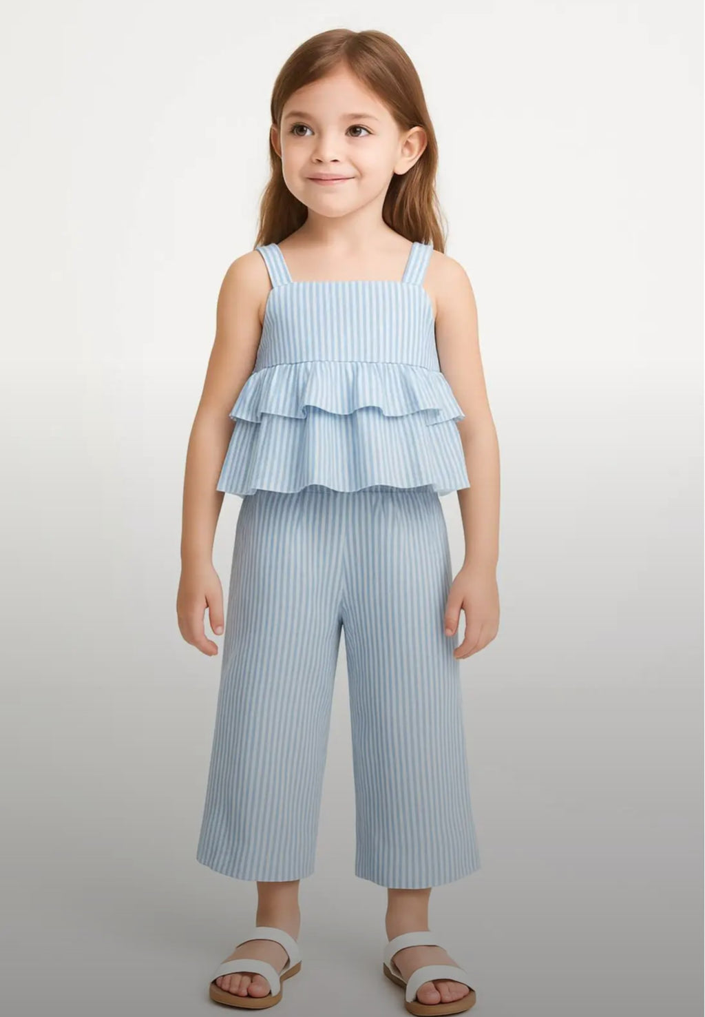 Elladie kids Girls Toddler Chic Blue & White Striped Bow Decor Pleated Sleeveless Top Paired With Loose Straight Leg Pants Set, Casual Spring/Summer Outfit
