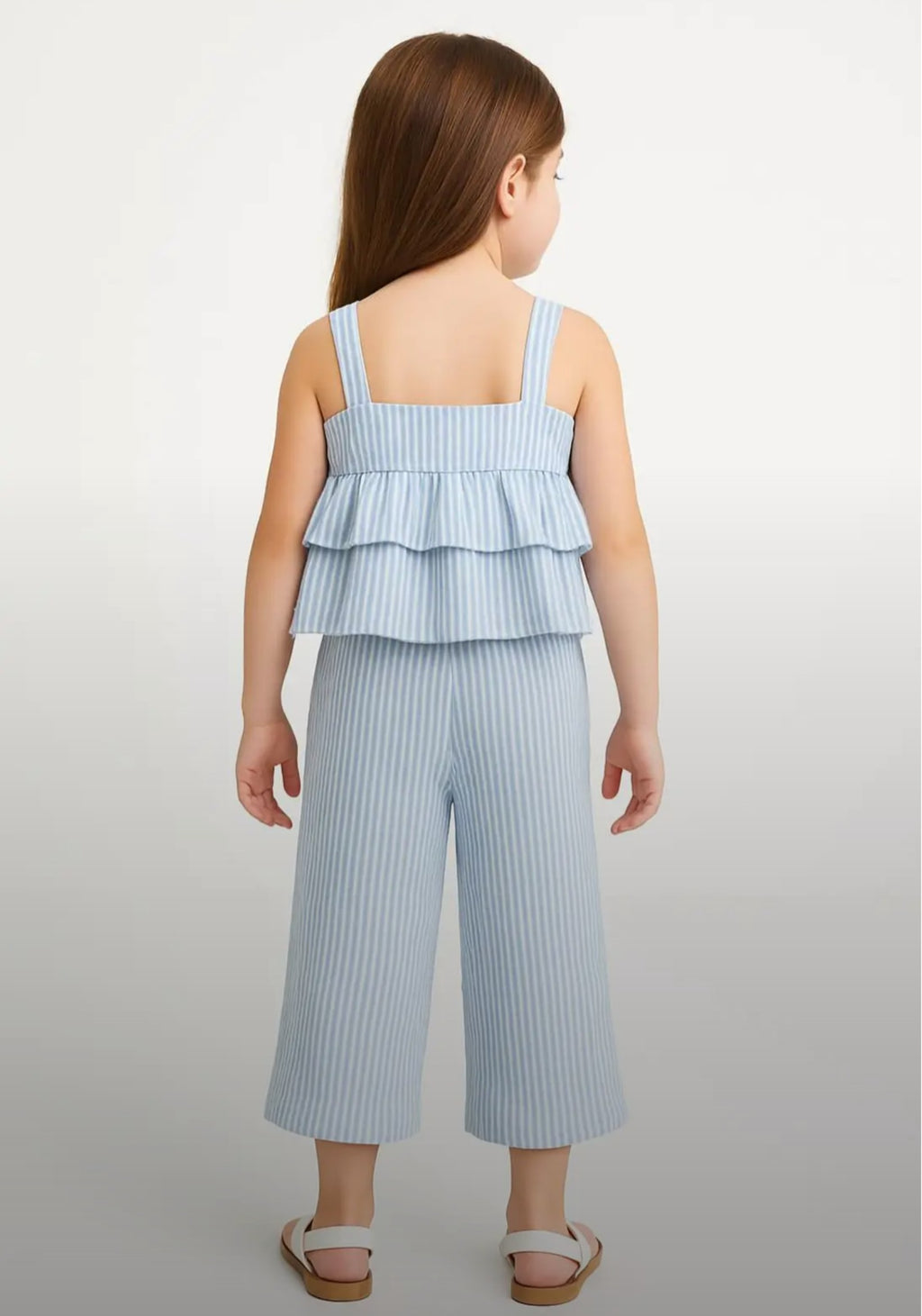 Elladie kids Girls Toddler Chic Blue & White Striped Bow Decor Pleated Sleeveless Top Paired With Loose Straight Leg Pants Set, Casual Spring/Summer Outfit