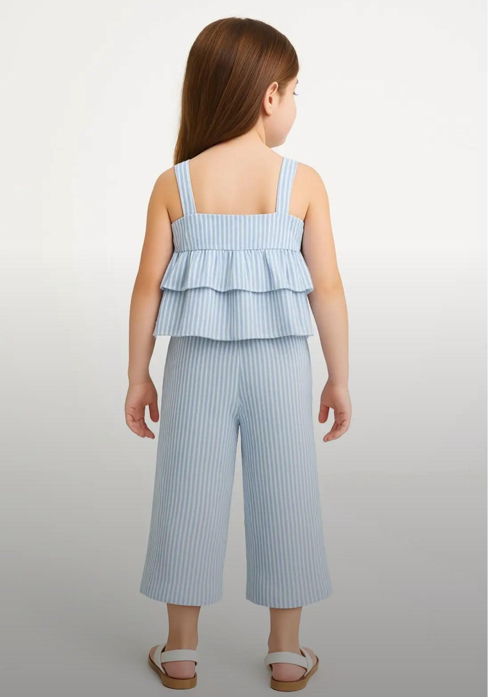 Elladie kids Girls Toddler Chic Blue & White Striped Bow Decor Pleated Sleeveless Top Paired With Loose Straight Leg Pants Set, Casual Spring/Summer Outfit