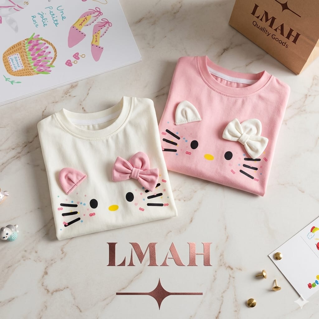2 pieces shirt – Cat-Face Graphic (white & Pink)
