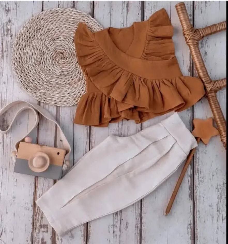 Camel Ruffle Top & White Pants Set