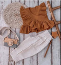 Camel Ruffle Top & White Pants Set