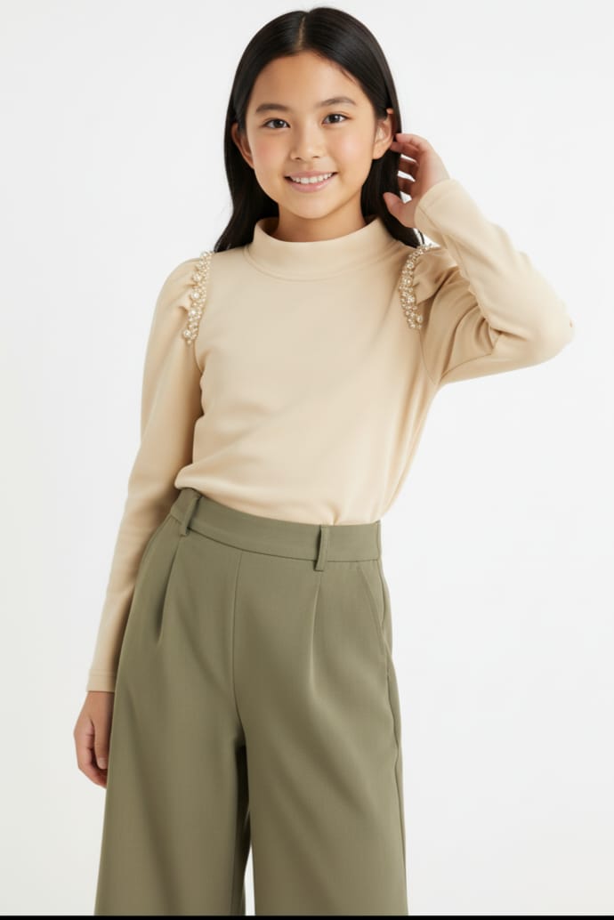 Beige Long Sleeve Top with Floral Shoulder Detail for Girls