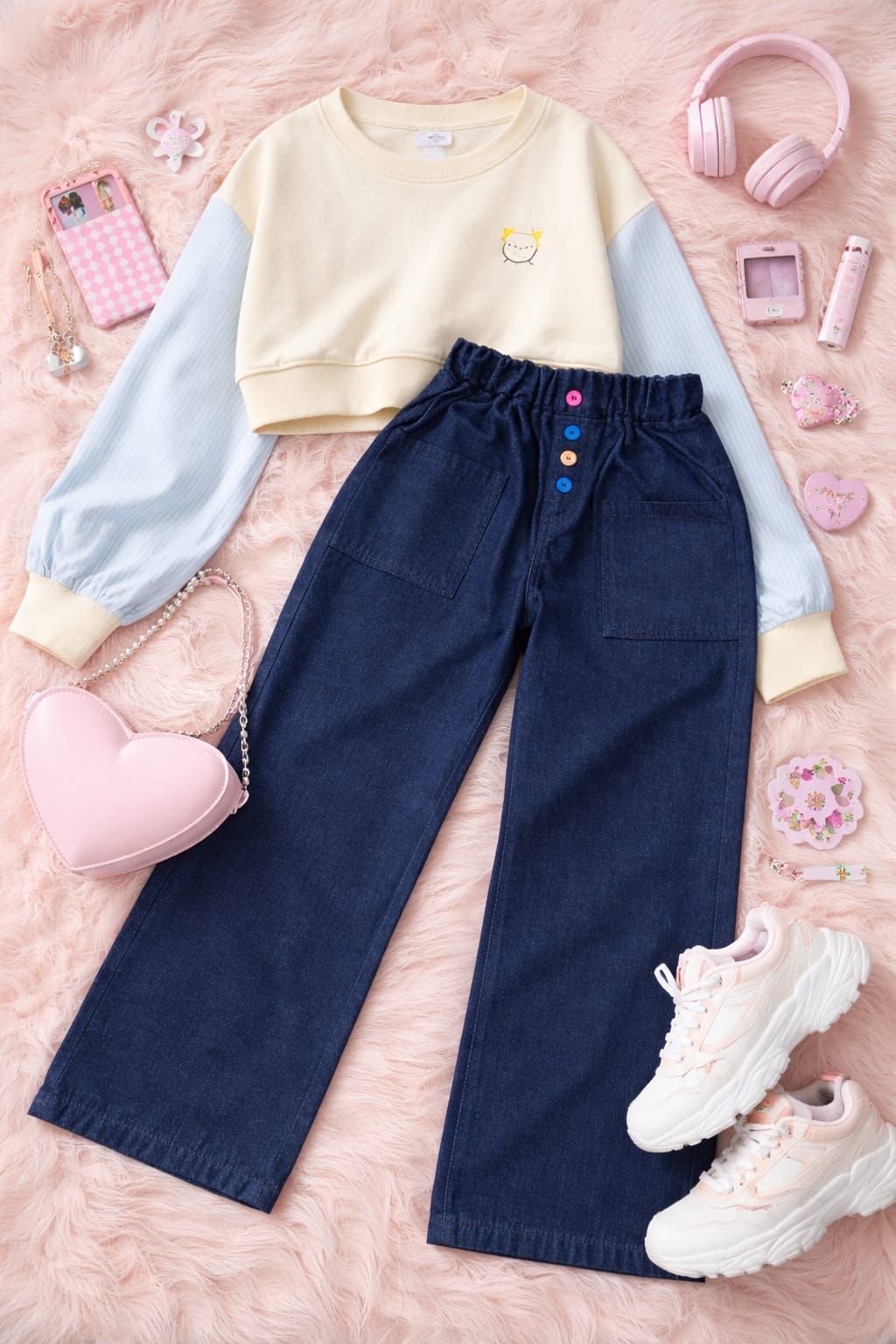 "Navy Blue Button-Front Wide Leg Pants for Kids"