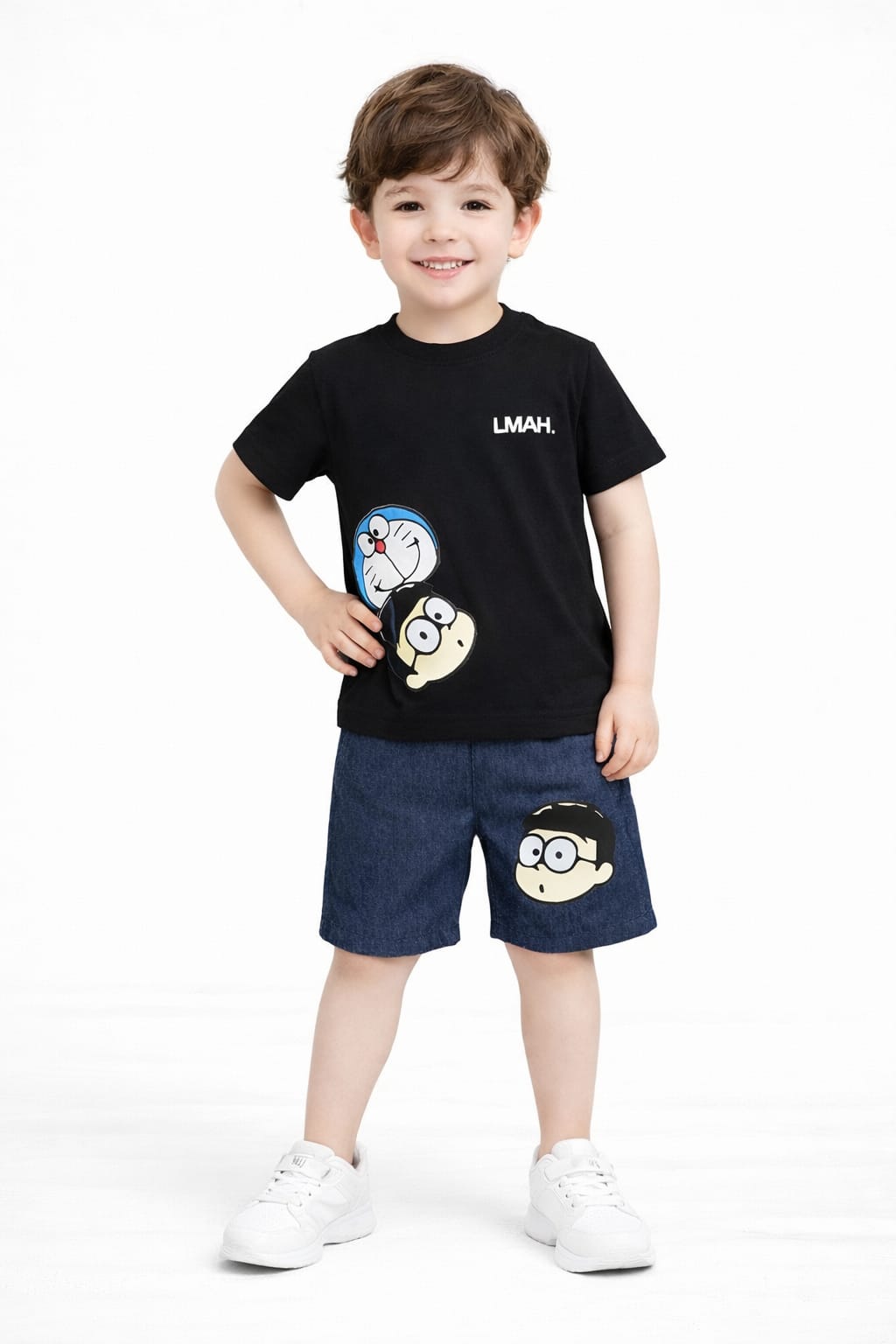 Doraemon & Nobita Kids Outfit Set - Black T-Shirt & Navy Shorts