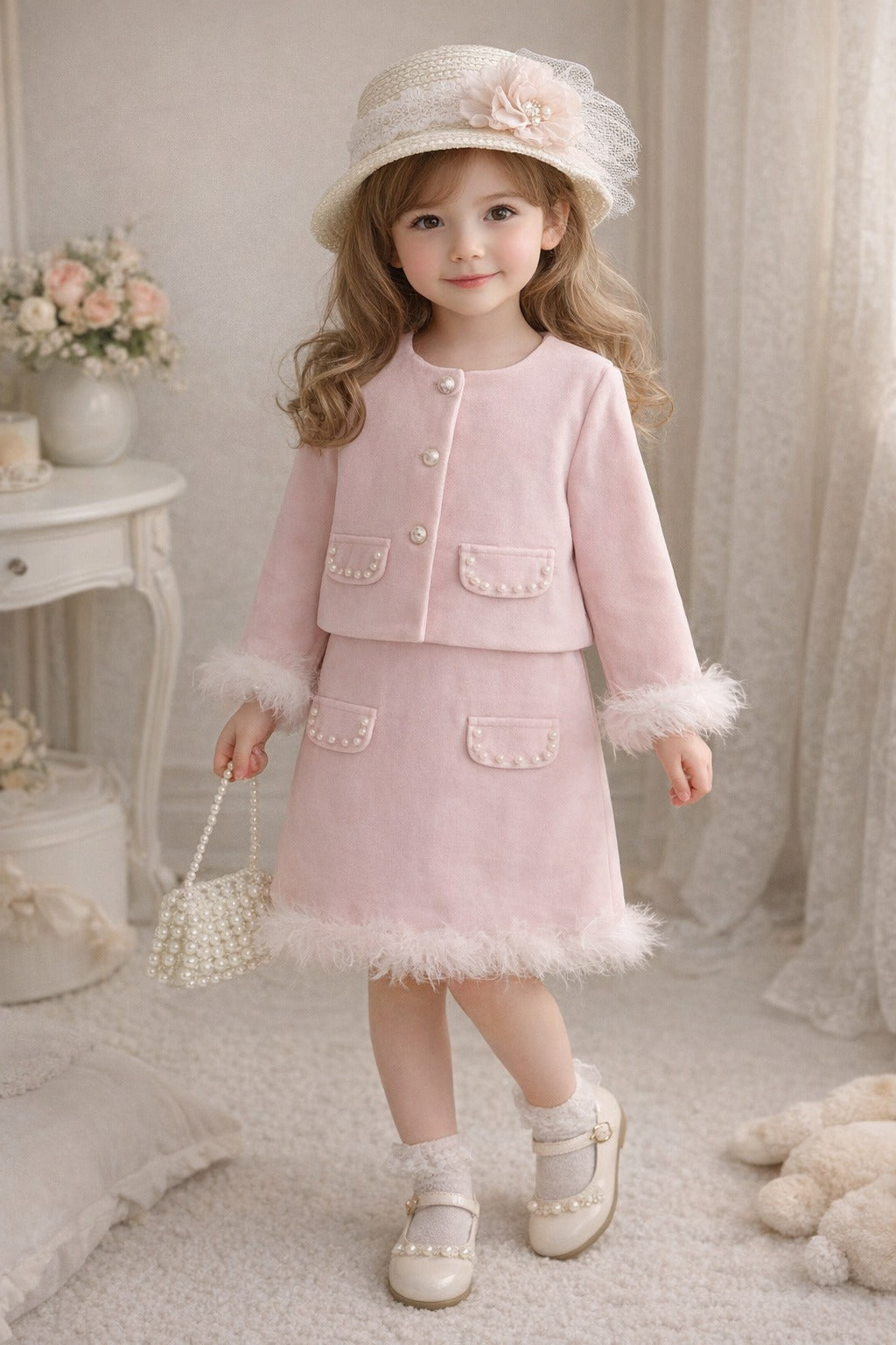 Luxe Pink Feather-Trim Jacket & Skirt Set