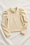 Beige Long Sleeve Top with Floral Shoulder Detail for Girls