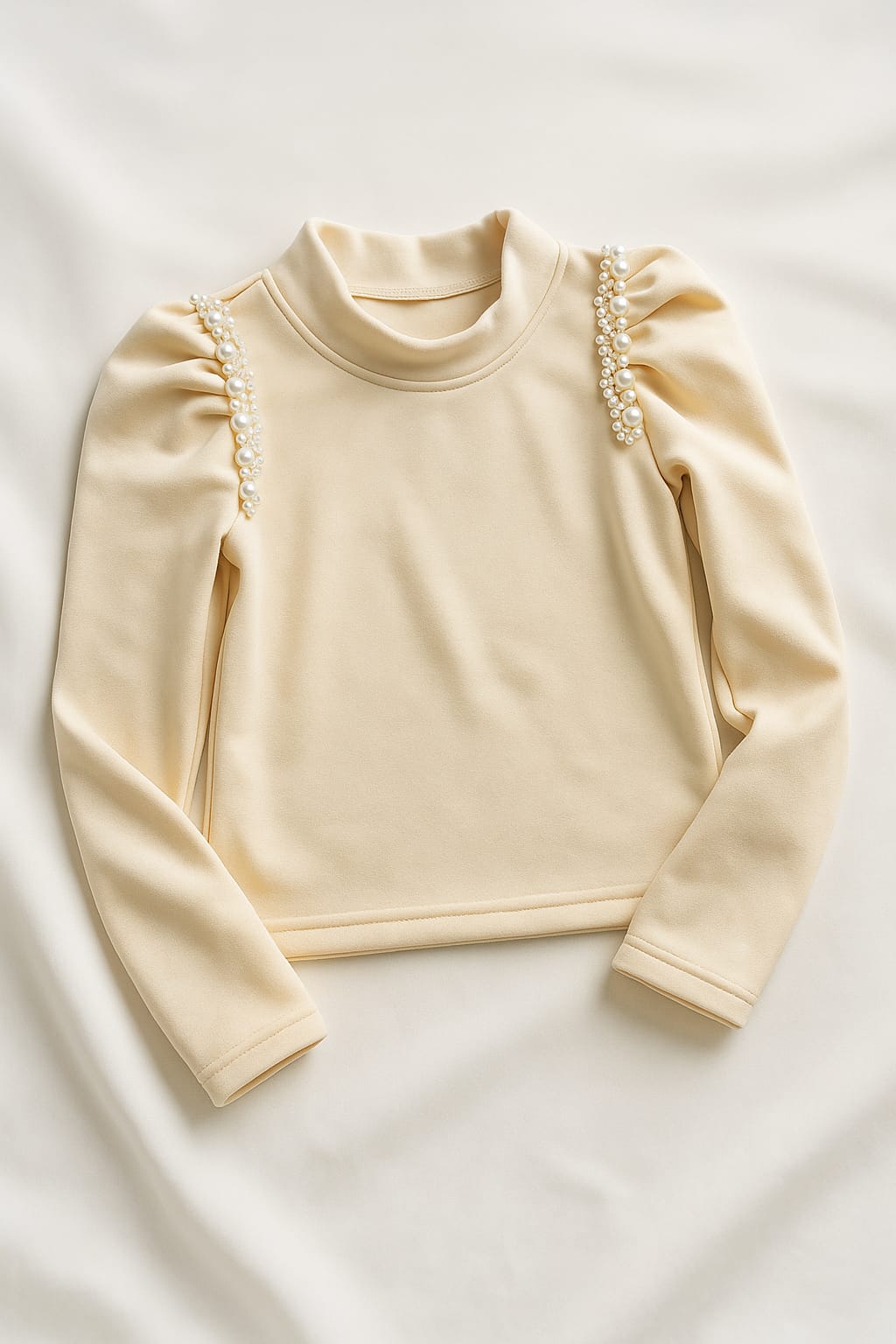 Beige Long Sleeve Top with Floral Shoulder Detail for Girls