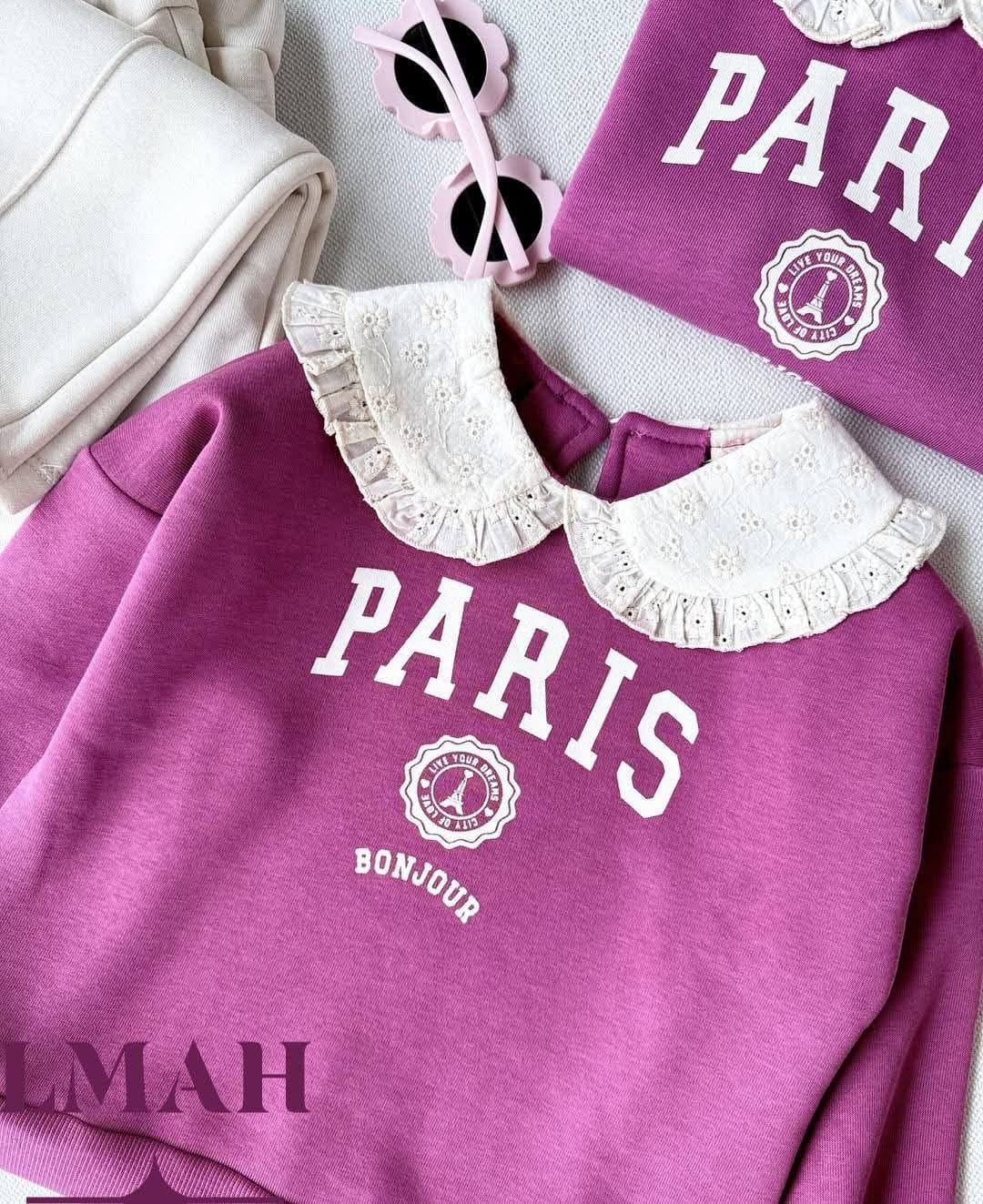 Girls Paris Bonjour Sweatshirt and Pants Set - Burgundy & White