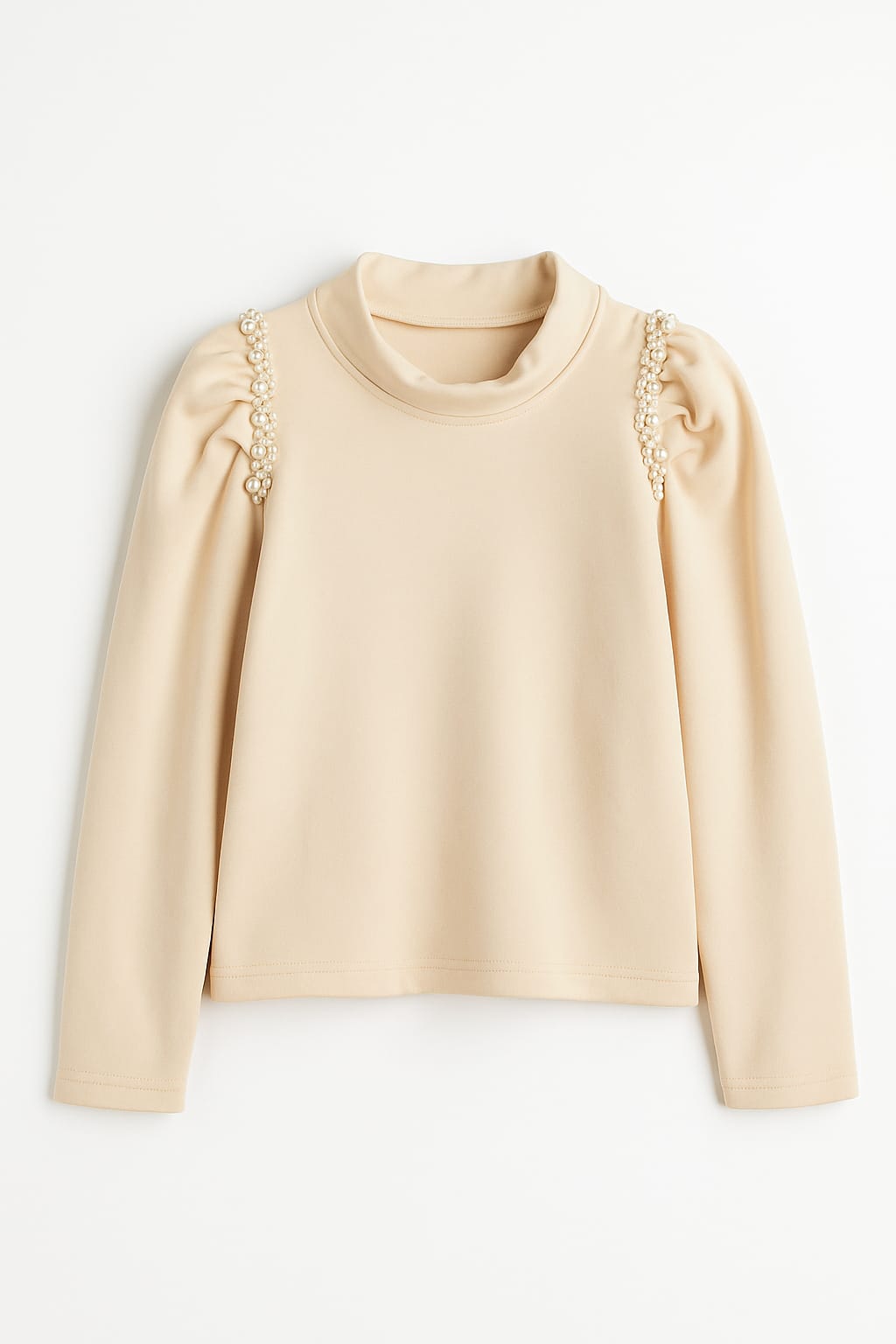 Beige Long Sleeve Top with Floral Shoulder Detail for Girls