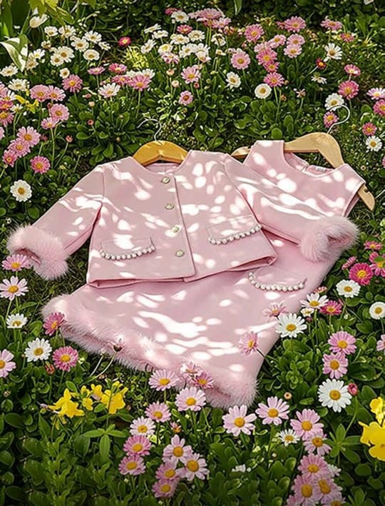 Luxe Pink Feather-Trim Jacket & Skirt Set