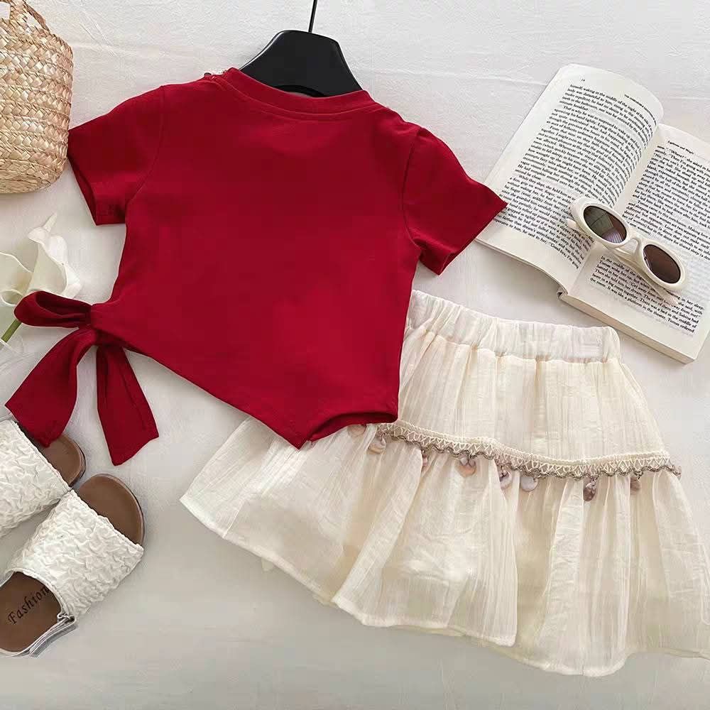 LMAH Girls Jeweled Bow Set – Red Top & Cream Skirt