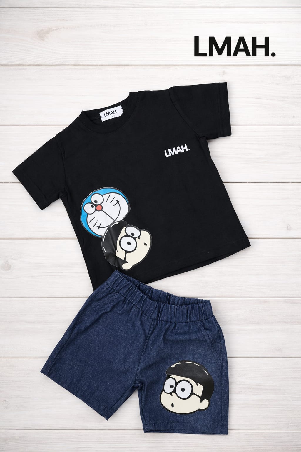 Doraemon & Nobita Kids Outfit Set - Black T-Shirt & Navy Shorts