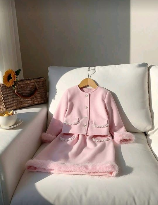 Luxe Pink Feather-Trim Jacket & Skirt Set