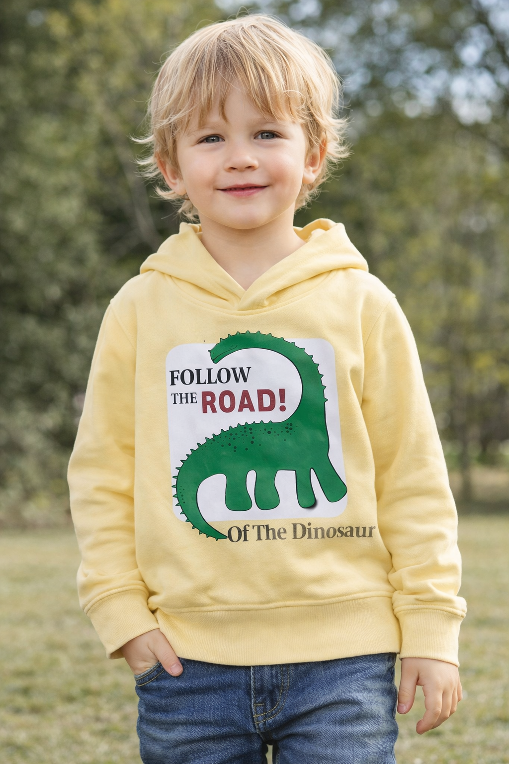 Yellow Dinosaur Hoodie - 'Follow The Road' Kids Sweatshirt