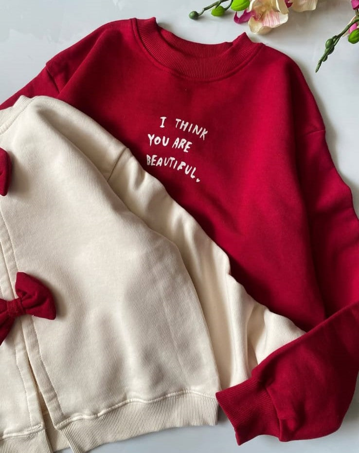 2 pcs set of Girls Color-Block Sweatshirt - 'I Think You Are Beautiful' Message