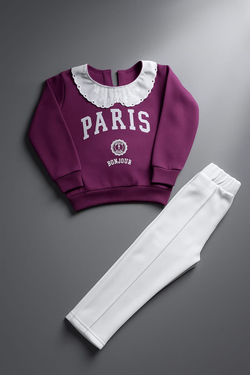 Girls Paris Bonjour Sweatshirt and Pants Set - Burgundy & White