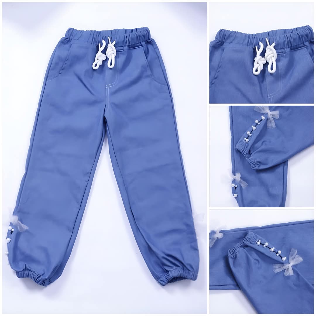 Girls Blue Jogger Pants with Pearl & Bow Details