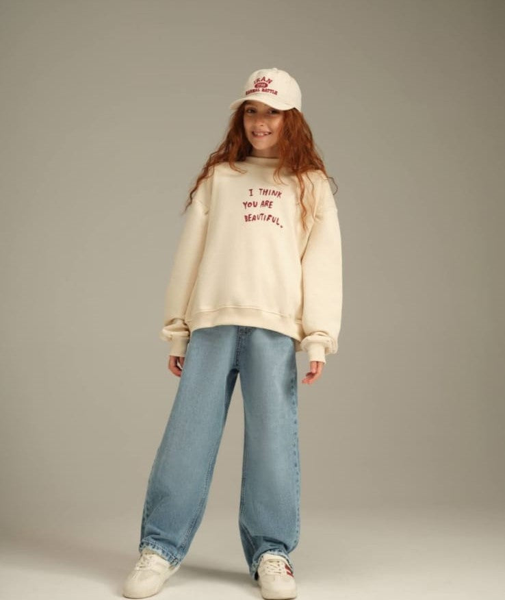 2 pcs set of Girls Color-Block Sweatshirt - 'I Think You Are Beautiful' Message