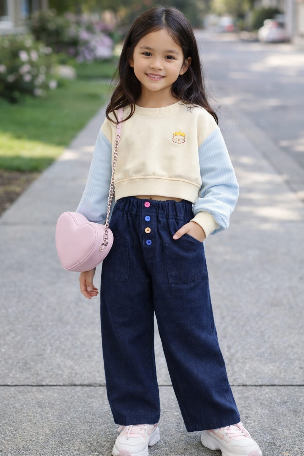 "Navy Blue Button-Front Wide Leg Pants for Kids"