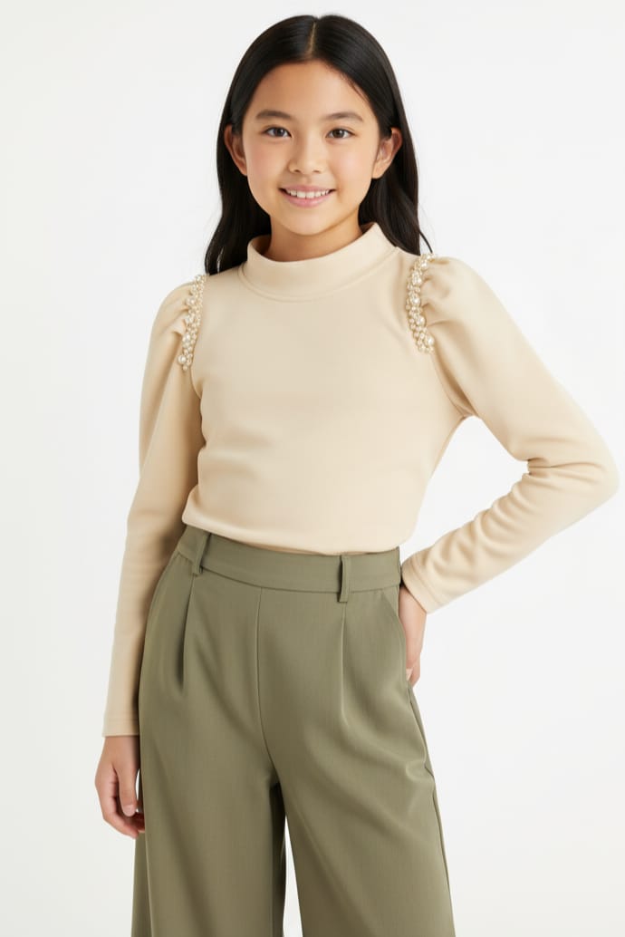 Beige Long Sleeve Top with Floral Shoulder Detail for Girls