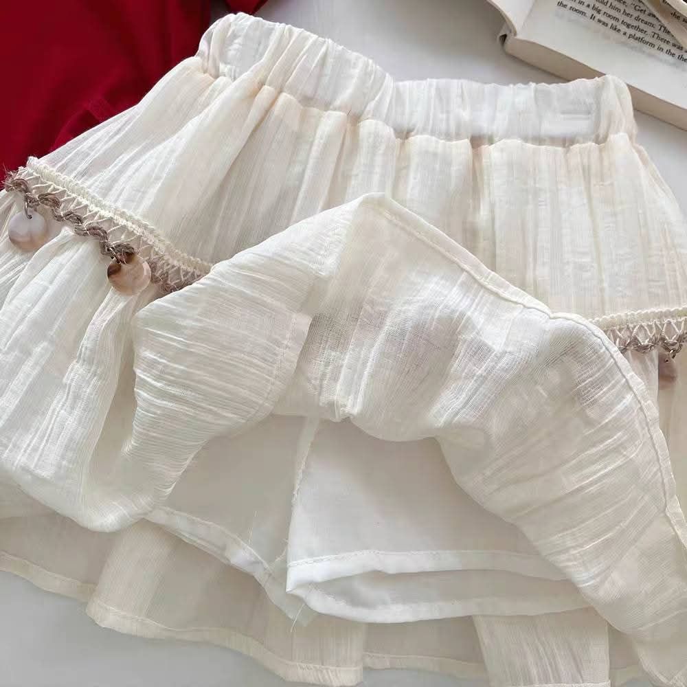 LMAH Girls Jeweled Bow Set – Red Top & Cream Skirt
