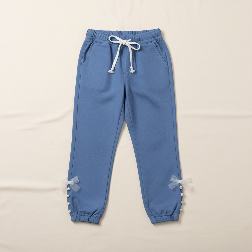 Blue Pearl Bow Jogger Pants Flat Lay Mockup