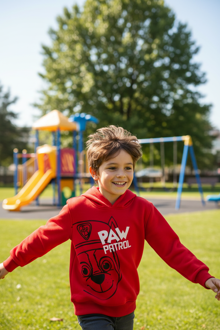 Boy playing outdoors in red Paw Patrol hoodie