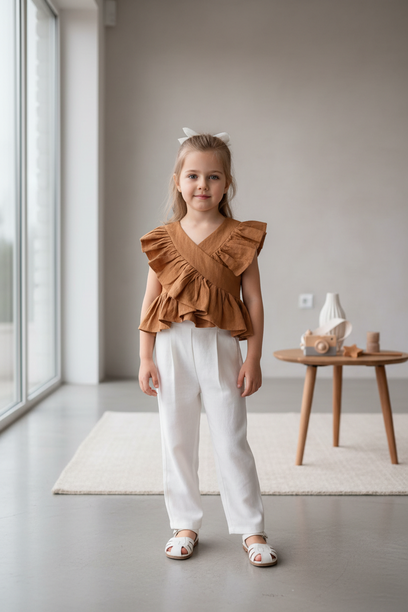 Camel Ruffle Top and White Pants Lifestyle Mockup