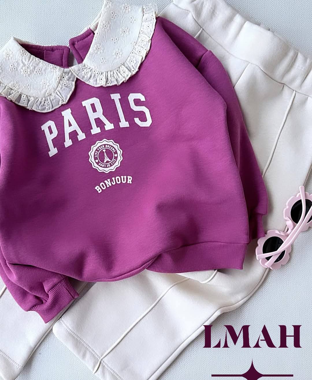 Girls Paris Bonjour Sweatshirt and Pants Set - Burgundy & White