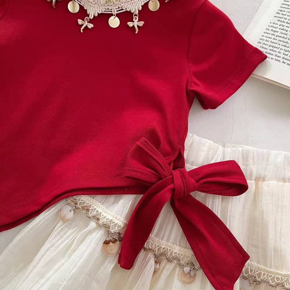 LMAH Girls Jeweled Bow Set – Red Top & Cream Skirt