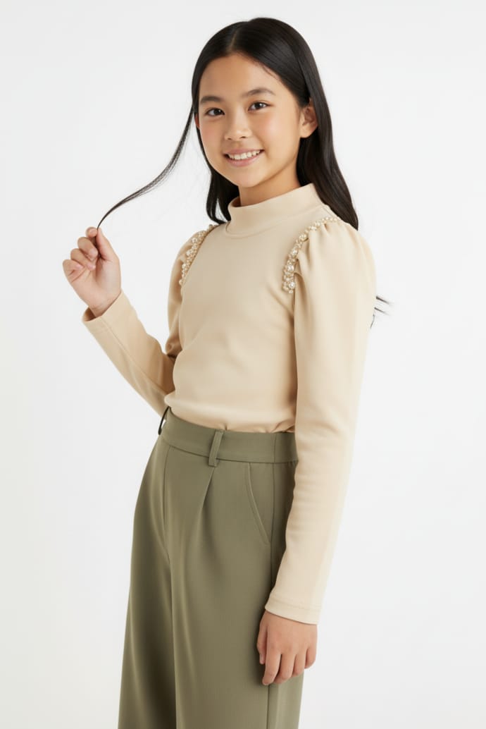 Beige Long Sleeve Top with Floral Shoulder Detail for Girls