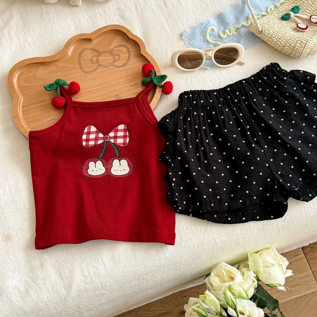 LMAH Girls Cherry Bunny Summer Set – Cami Top & Polka Dot Shorts