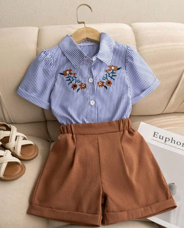 Girls' Floral Embroidered Stripe Shirt & High-Waist Shorts Set