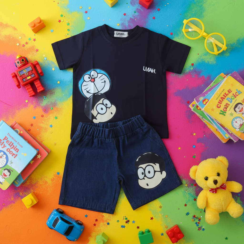Doraemon & Nobita Kids Outfit Set - Black T-Shirt & Navy Shorts