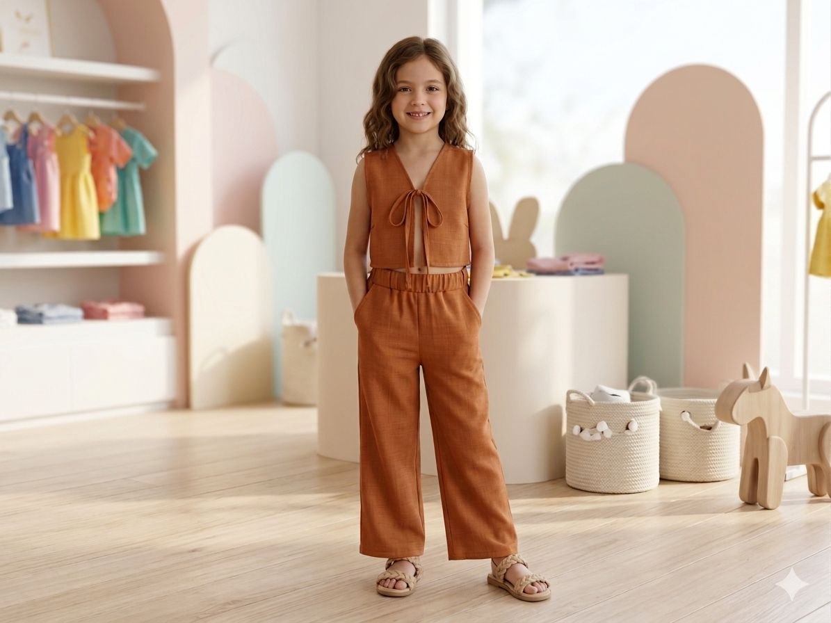 Girls' Terracotta Linen Tie-Front Co-Ord Set